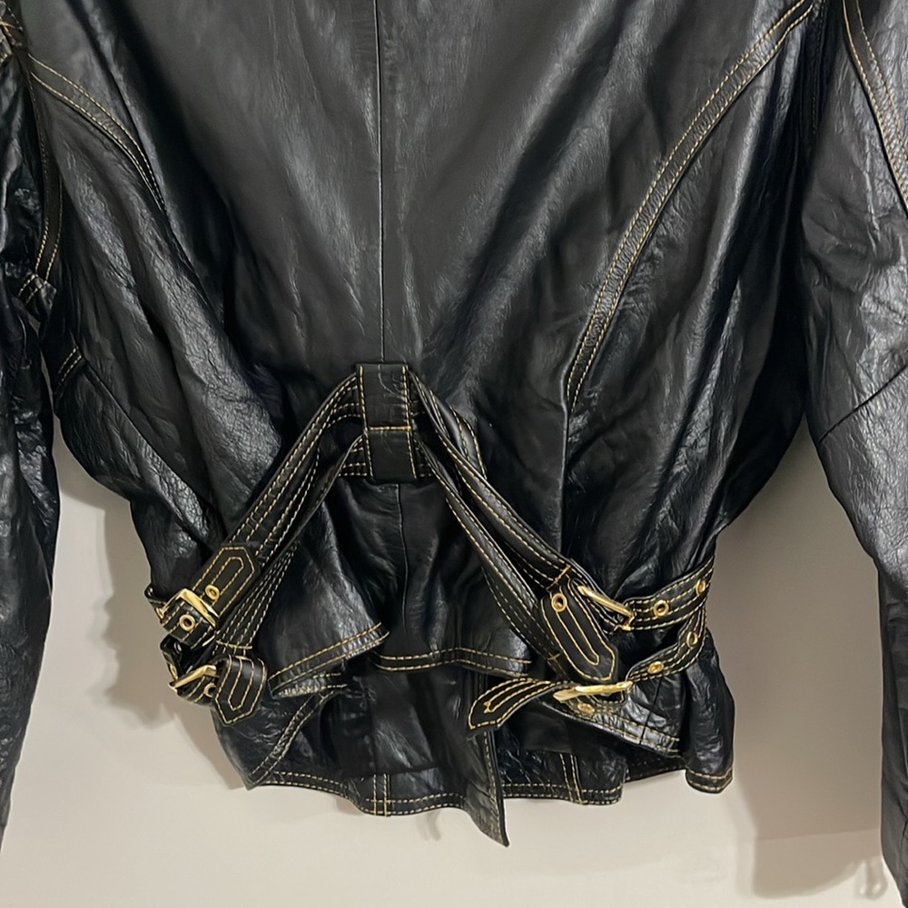 Studio sienna Vintage Black Leather Motorcycle Jacket Gold Detail Women's - Picture 6 of 8